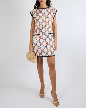 Gucci Cream Tweed Sleeveless Mini Dress with Red and Blue Logo Prints and Gold Logo Button Details Size IT 40 (UK 8) RRP £2,500