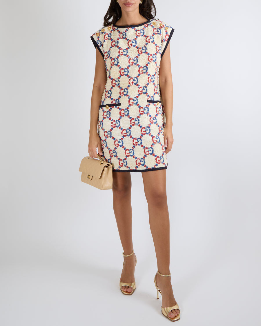 gucci tweed mini dress Gucci Cream Tweed Sleeveless Mini Dress with Red and Blue Logo Prints –  Sellier