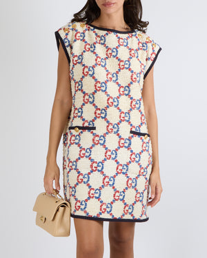 Gucci Cream Tweed Sleeveless Mini Dress with Red and Blue Logo Prints and Gold Logo Button Details Size IT 40 (UK 8) RRP £2,500