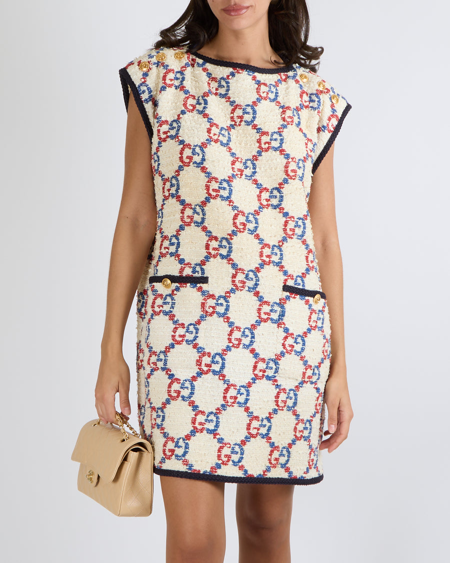 Gucci Cream Tweed Sleeveless Mini Dress with Red and Blue Logo Prints and Gold Logo Button Details Size IT 40 (UK 8) RRP £2,500
