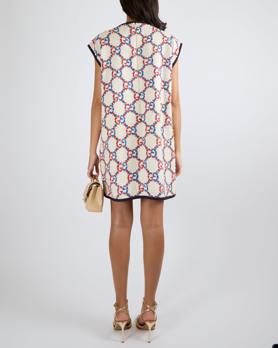 Gucci Cream Tweed Sleeveless Mini Dress with Red and Blue Logo Prints and Gold Logo Button Details Size IT 40 (UK 8) RRP £2,500