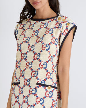 Gucci Cream Tweed Sleeveless Mini Dress with Red and Blue Logo Prints and Gold Logo Button Details Size IT 40 (UK 8) RRP £2,500