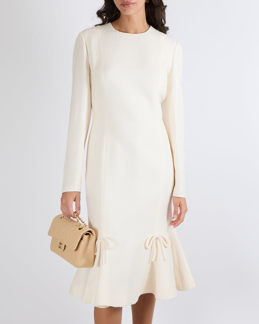 Valentino Cream Midi Long-Sleeve Dress with Bow Details Size IT 44 (UK 12)