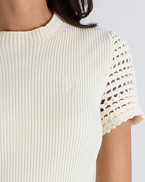 Prada Cream Ribbed Knit Mini Dress with Crochet Sleeves and Hem and Embroidered Logo Detail Detail Size IT 42 (UK 10) RRP £2,500