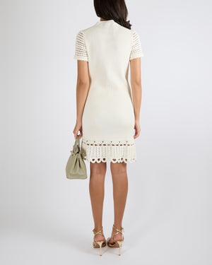 Prada Cream Ribbed Knit Mini Dress with Crochet Sleeves and Hem and Embroidered Logo Detail Detail Size IT 42 (UK 10) RRP £2,500