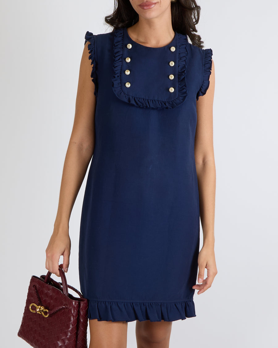 Gucci Navy Silk Blend Sleeveless Mini Dress with Ruffle Trim Details and Pearl Buttons with Gold GG Logos Size IT 44 (UK 12)