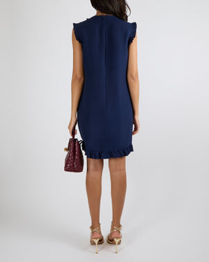 Gucci Navy Silk Blend Sleeveless Mini Dress with Ruffle Trim Details and Pearl Buttons with Gold GG Logos Size IT 44 (UK 12)