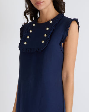 Gucci Navy Silk Blend Sleeveless Mini Dress with Ruffle Trim Details and Pearl Buttons with Gold GG Logos Size IT 44 (UK 12)