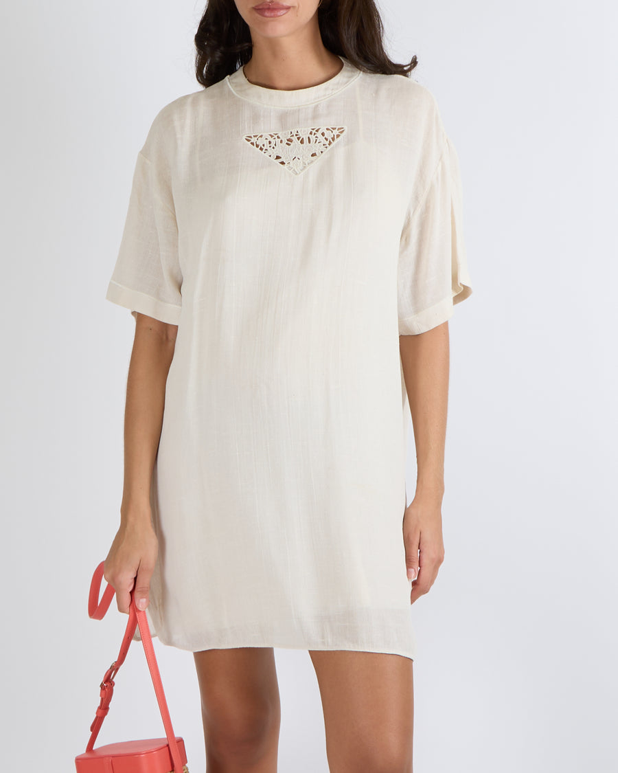 Prada Cream Linen Beach Kaftan with Perforated Embroidered Logo Detail –  Sellier