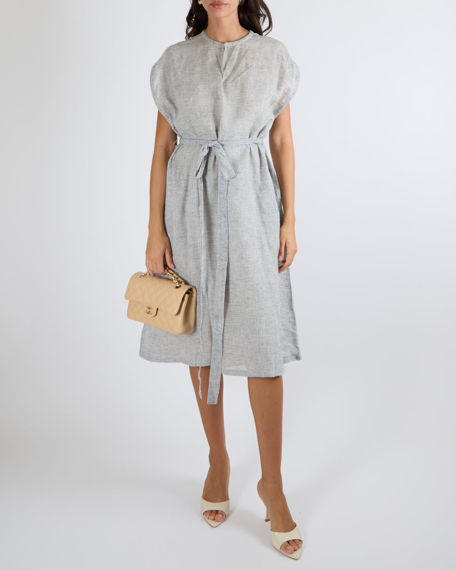 Christian Dior Grey Linen Blend Sleeveless Belted Kaftan Dress Size FR 36 (UK 8)