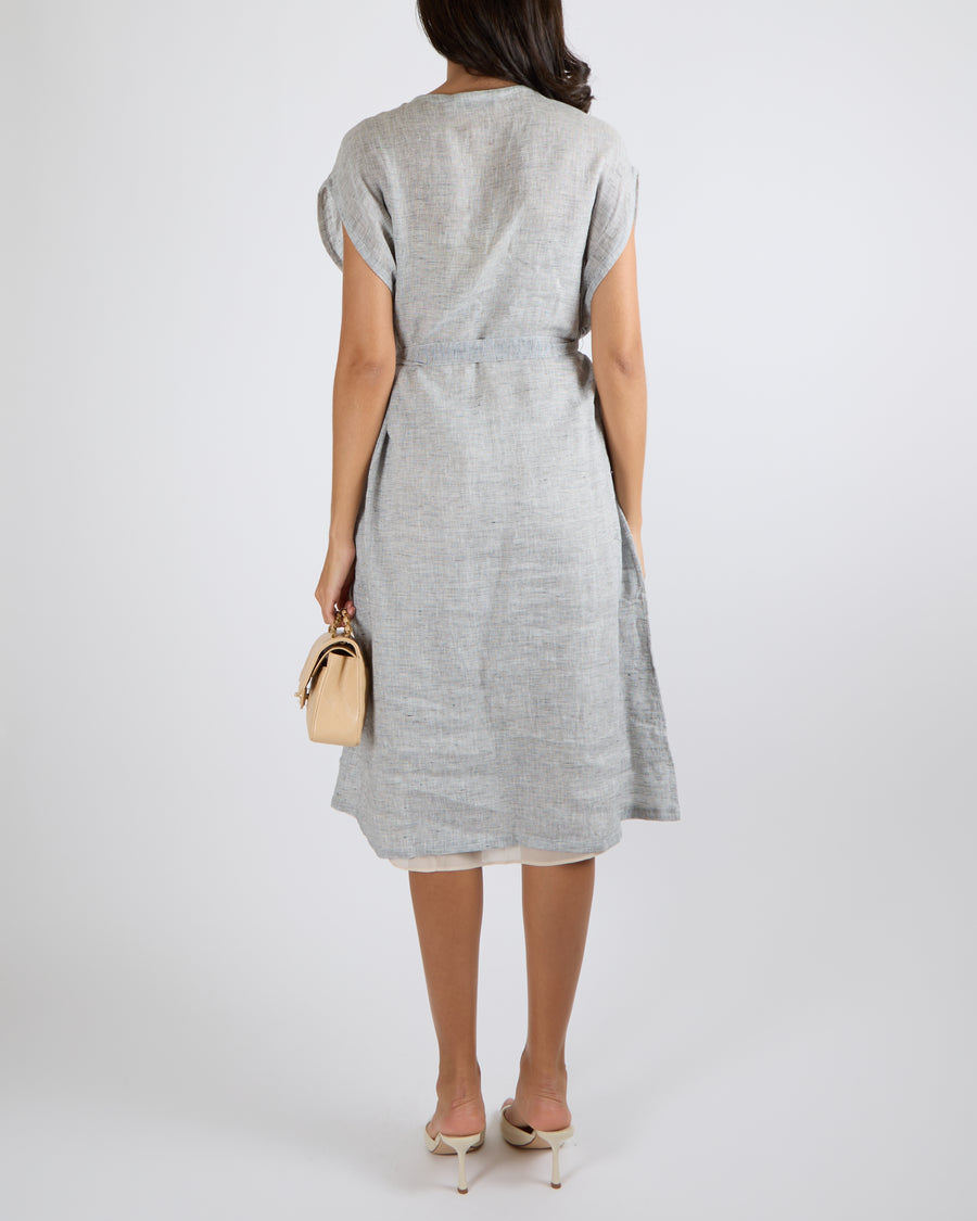 Christian Dior Grey Linen Blend Sleeveless Belted Kaftan Dress Size FR 36 (UK 8)