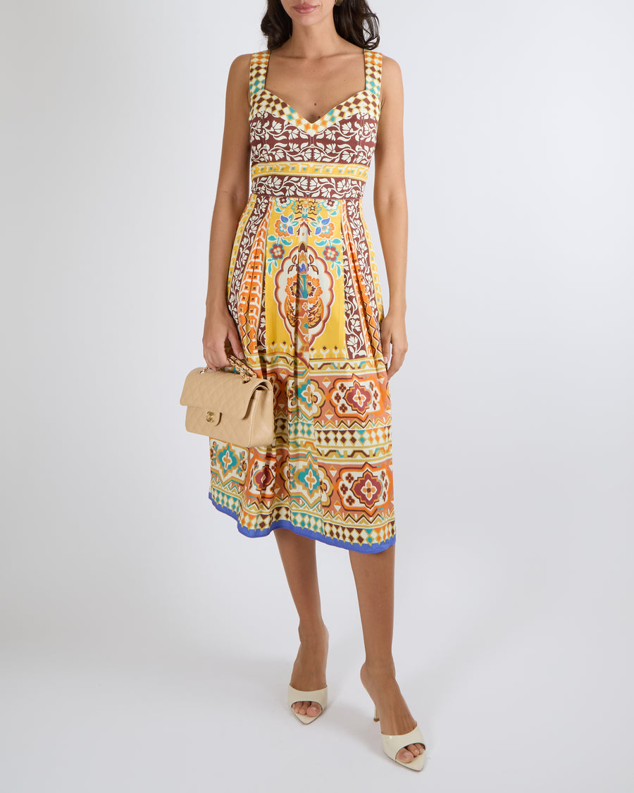 Etro White and Multi-Colour Printed Sleeveless Midi Dress with Pleated Skirt Detail Size IT 46 (UK 14) RRP £1,125