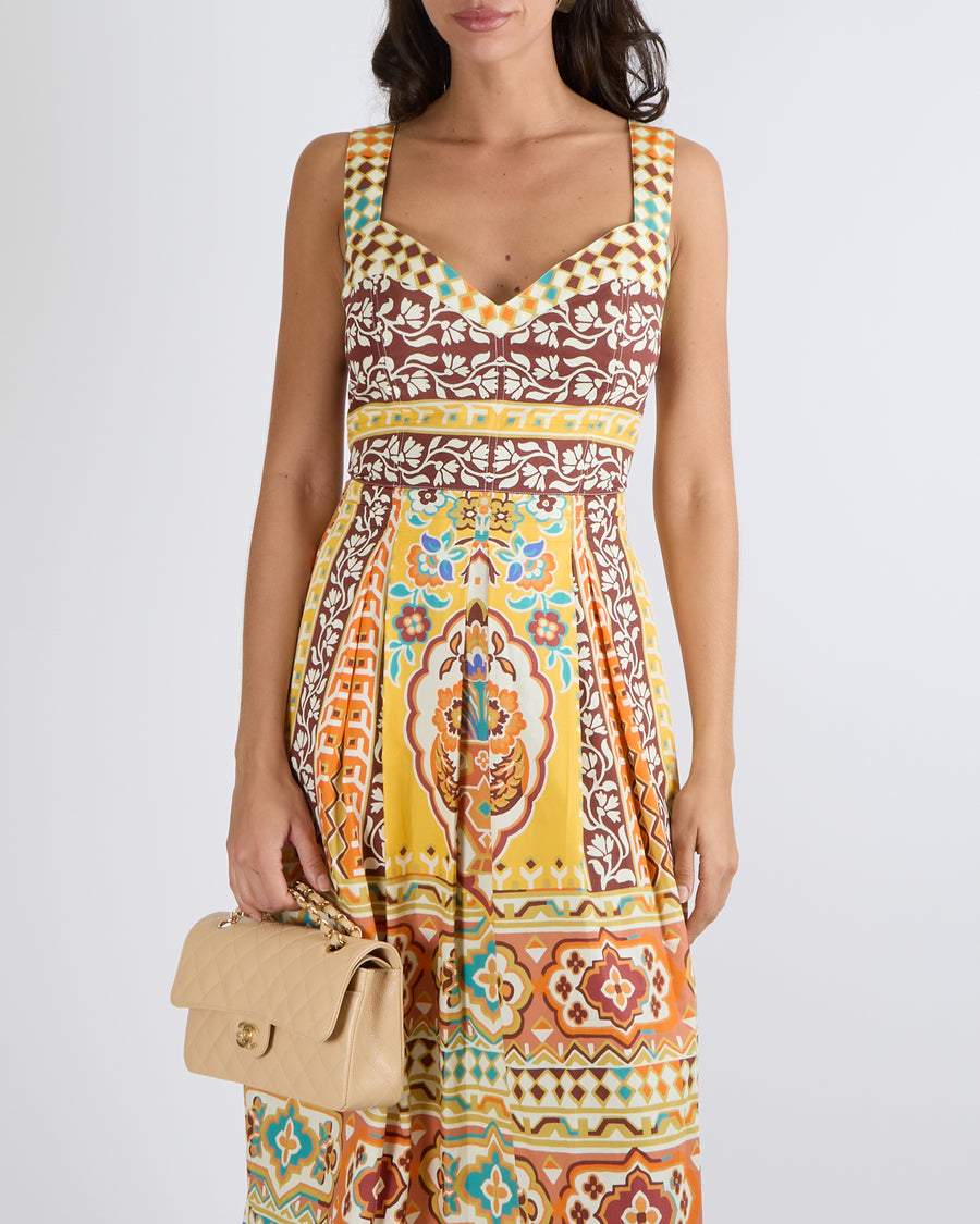 Etro White and Multi-Colour Printed Sleeveless Midi Dress with Pleated Skirt Detail Size IT 46 (UK 14) RRP £1,125
