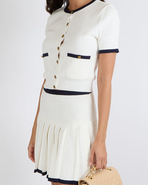 Miu Miu Cream Short-Sleeved Top and Pleated Mini Skirt Set with Navy Trims and Gold Anchor Buttons Detail Size IT 38 (UK 6)
