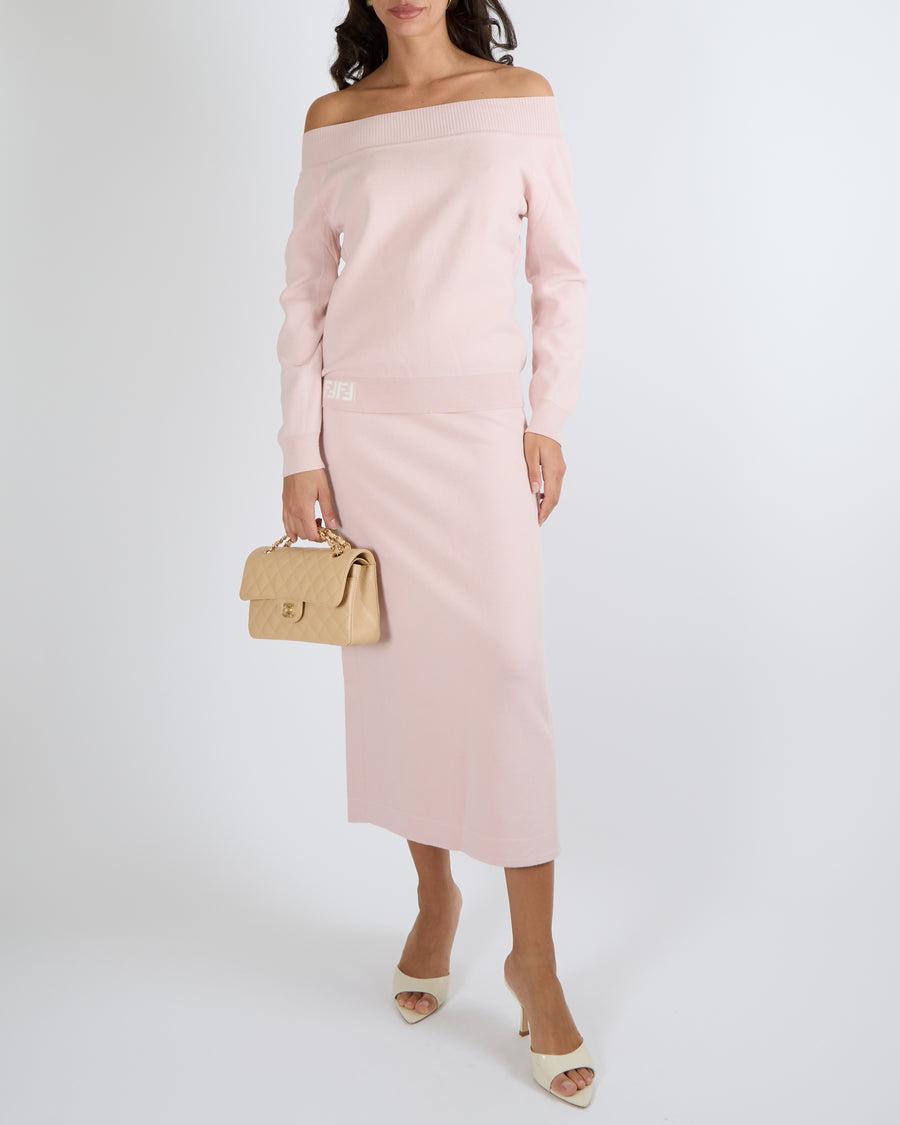 Fendi Pink Knit Off the Shoulders Jumper and Midi Skirt Set with Cream FF Logo Detail Size IT 44 (UK 12)