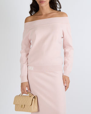 Fendi Pink Knit Off the Shoulders Jumper and Midi Skirt Set with Cream FF Logo Detail Size IT 44 (UK 12)
