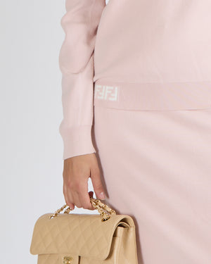 Fendi Pink Knit Off the Shoulders Jumper and Midi Skirt Set with Cream FF Logo Detail Size IT 44 (UK 12)