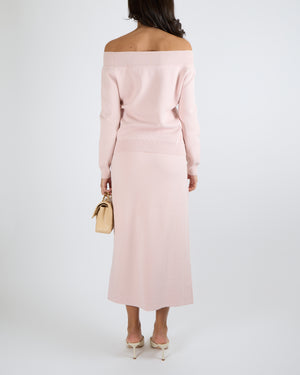 Fendi Pink Knit Off the Shoulders Jumper and Midi Skirt Set with Cream FF Logo Detail Size IT 44 (UK 12)