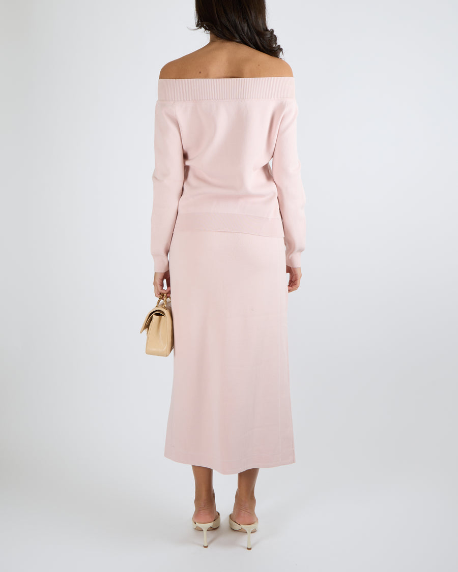 Fendi Pink Knit Off the Shoulders Jumper and Midi Skirt Set with Cream FF Logo Detail Size IT 44 (UK 12)