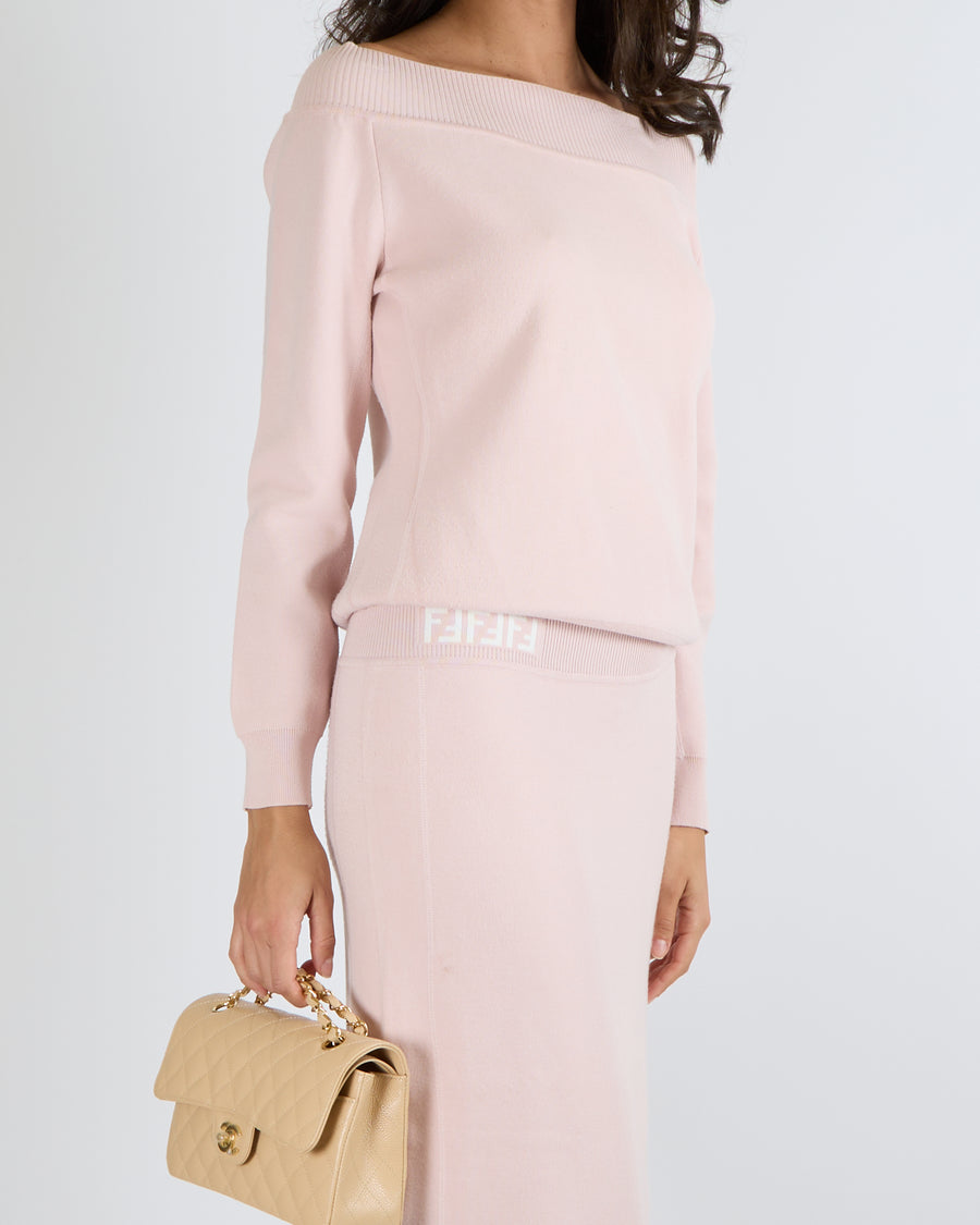 Fendi Pink Knit Off the Shoulders Jumper and Midi Skirt Set with Cream FF Logo Detail Size IT 44 (UK 12)