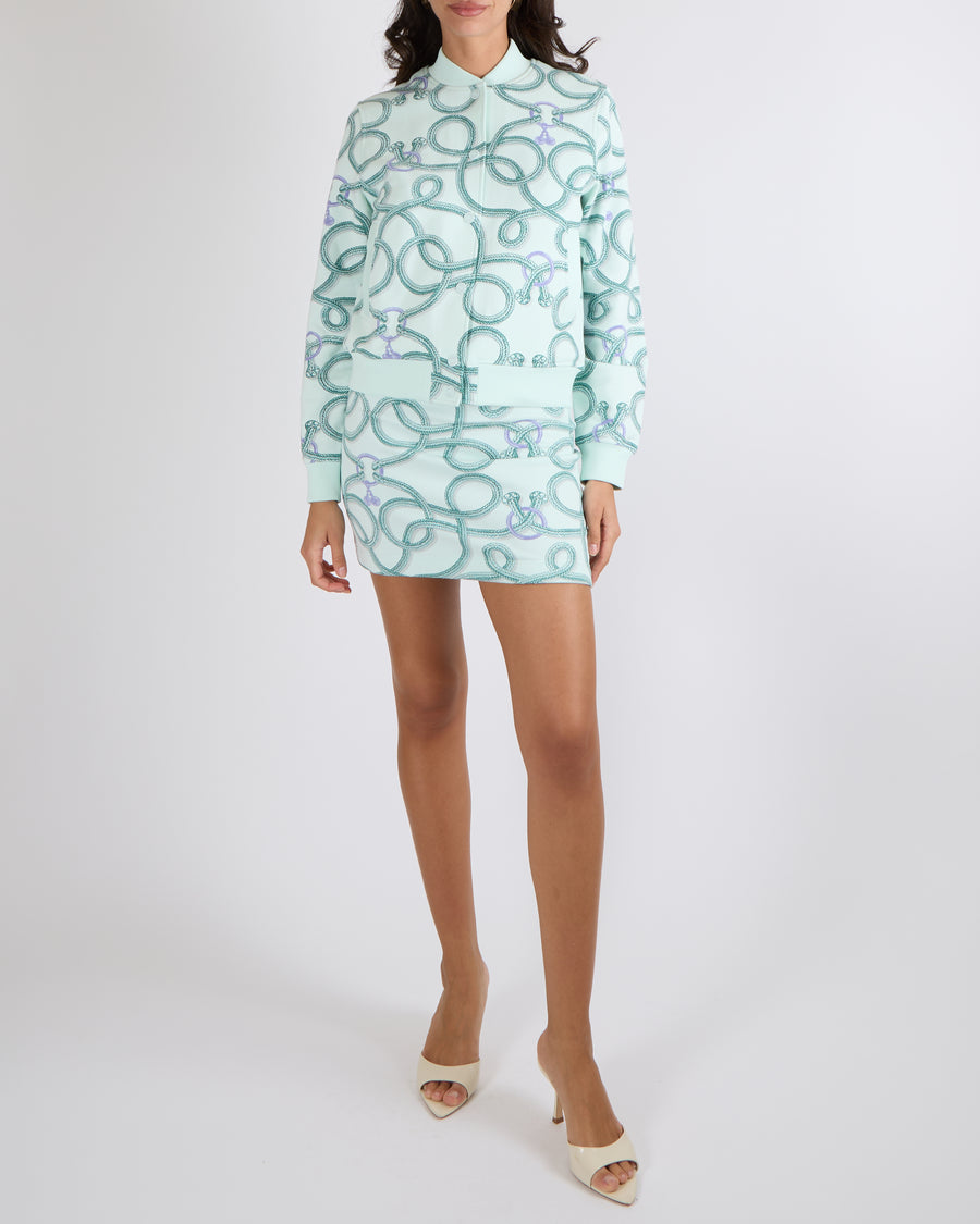 Hermès Vert Embrun Palefroi Printed Jacket and Skirt Set with Logo Buttons Size FR 38 (UK 10) RRP £3,400