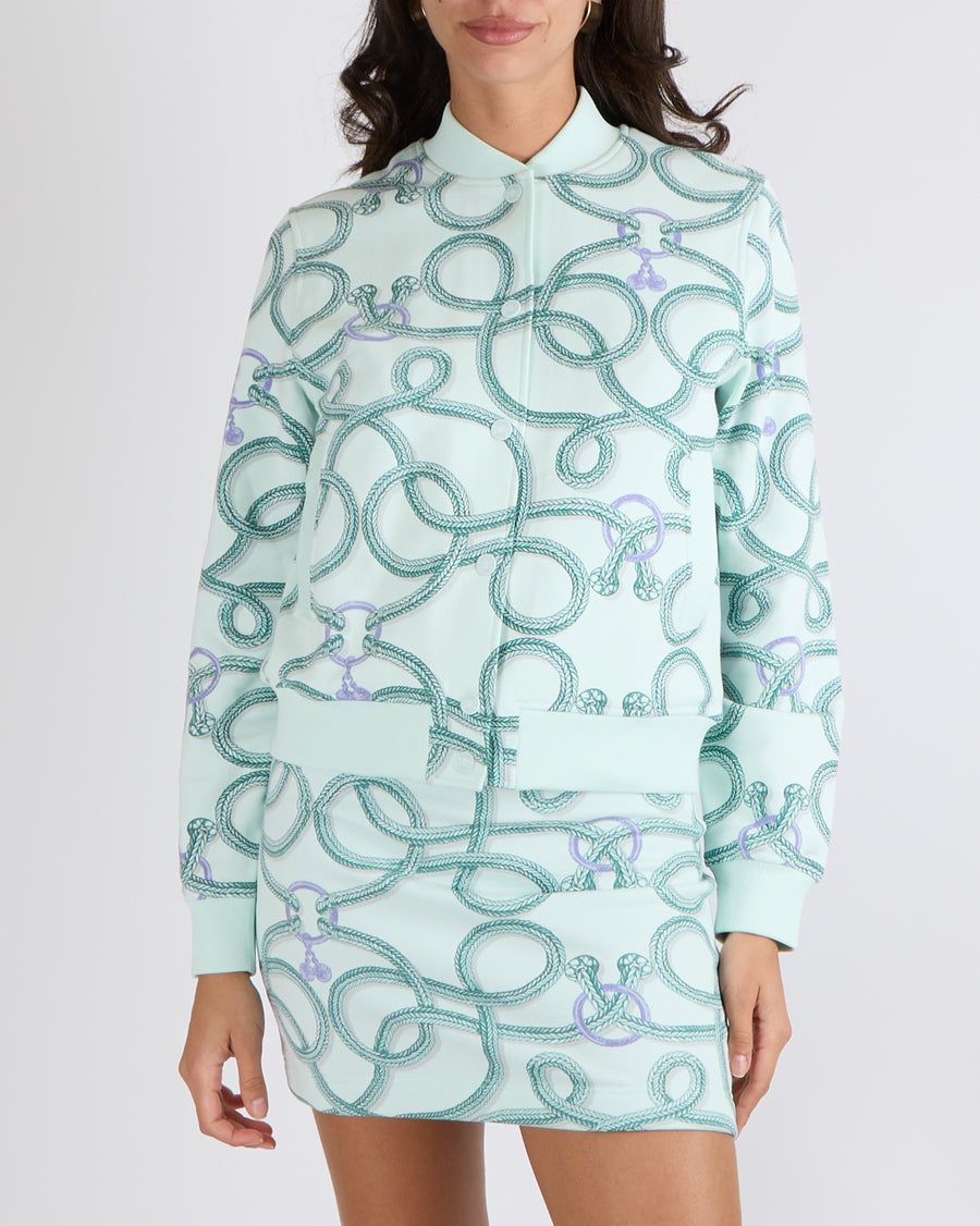 Hermès Vert Embrun Palefroi Printed Jacket and Skirt Set with Logo Buttons Size FR 38 (UK 10) RRP £3,400