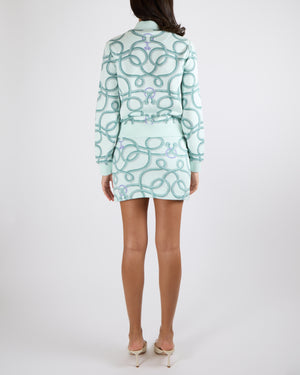Hermès Vert Embrun Palefroi Printed Jacket and Skirt Set with Logo Buttons Size FR 38 (UK 10) RRP £3,400