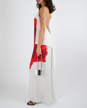Alexander Mcqueen Spring 2024 White and Red Rose Printed Silk Chiffon Dress Size IT 44 (UK 12) RRP £2,500