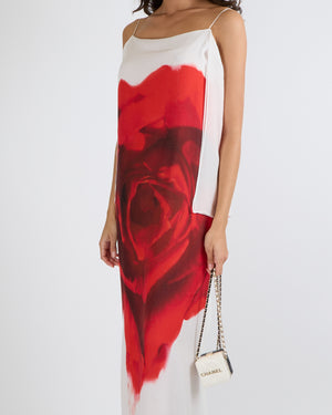 Alexander Mcqueen Spring 2024 White and Red Rose Printed Silk Chiffon Dress Size IT 44 (UK 12) RRP £2,500