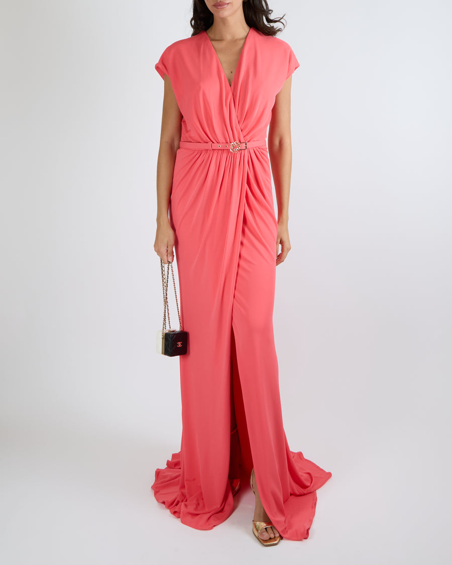 Elie Saab Pink Draped Maxi Dress with Gold Logo Belt Detailing Size FR –  Sellier