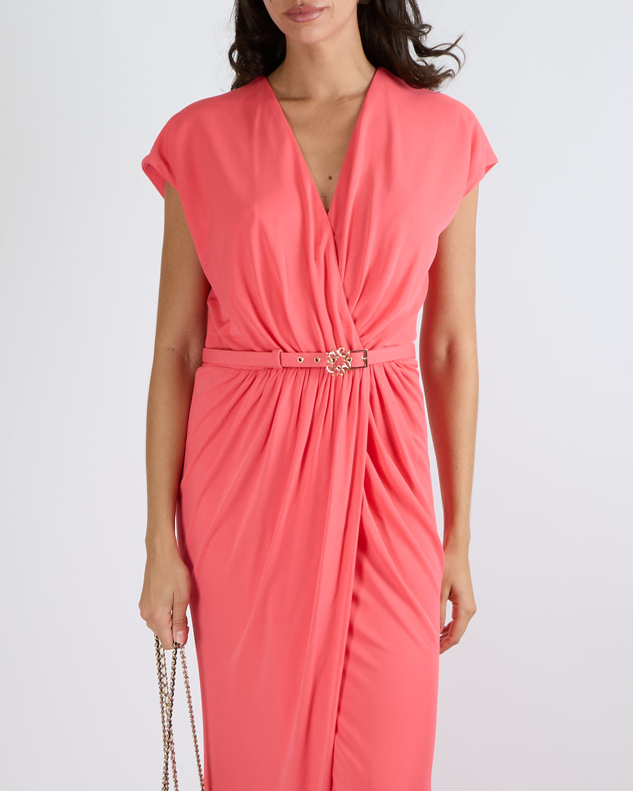 Elie Saab Pink Draped Maxi Dress with Gold Logo Belt Detailing Size FR Sellier Elie Saab Pink Draped Maxi Dress with Gold Logo Belt Detailing Size FR Sellier