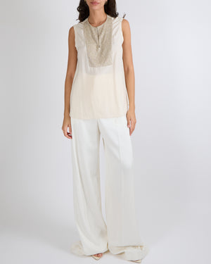Brunello Cucinelli Cream Silk Sleeveless Top with Sequin Embellished Panel Detail Size M (UK 10)