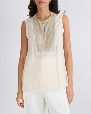 Brunello Cucinelli Cream Silk Sleeveless Top with Sequin Embellished Panel Detail Size M (UK 10)