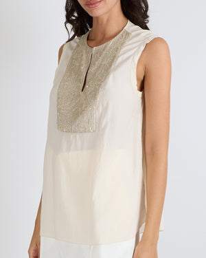 Brunello Cucinelli Cream Silk Sleeveless Top with Sequin Embellished Panel Detail Size M (UK 10)