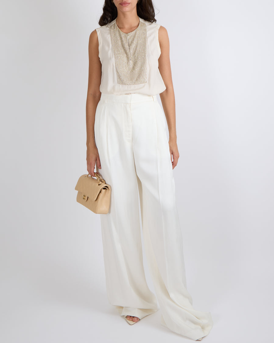 Alexander Mcqueen Ivory Silk Wide-Leg Palazzo Trousers Size IT 44 (UK 12)