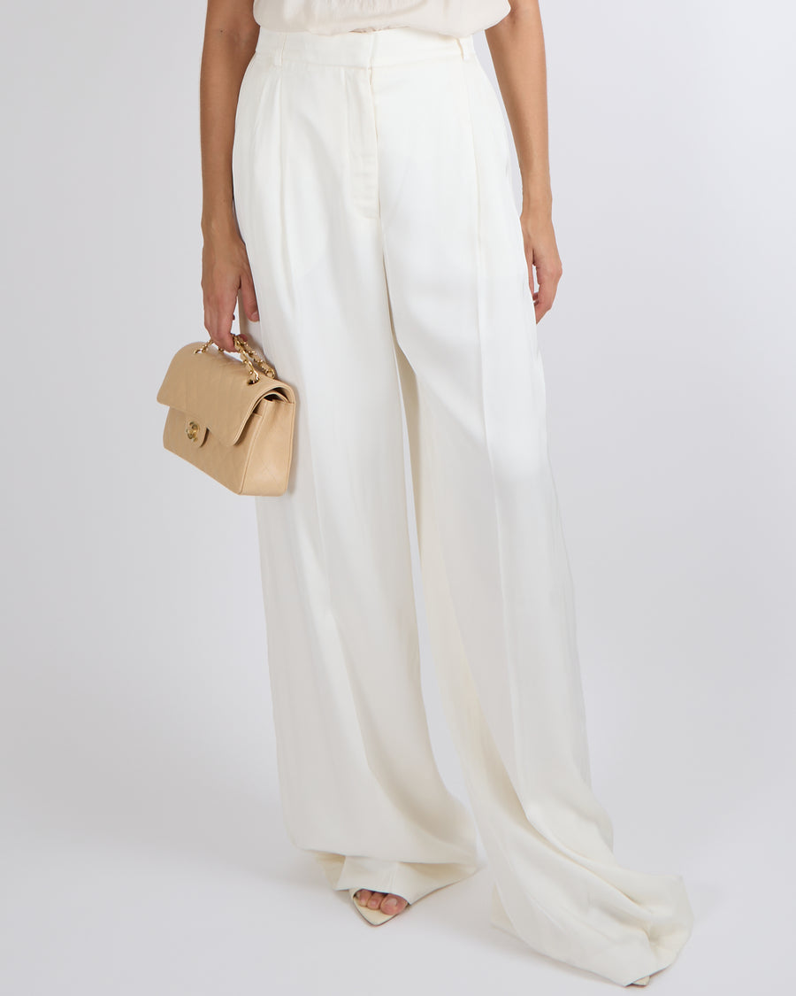 Alexander Mcqueen Ivory Silk Wide-Leg Palazzo Trousers Size IT 44 (UK 12)