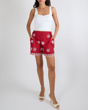 Red Valentino Red Shorts with White Flower Embroideries and Scalloped Hem Detail Size IT 40 (UK 8)
