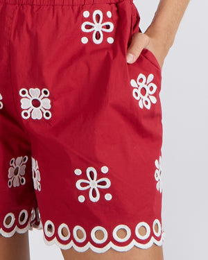 Red Valentino Red Shorts with White Flower Embroideries and Scalloped Hem Detail Size IT 40 (UK 8)