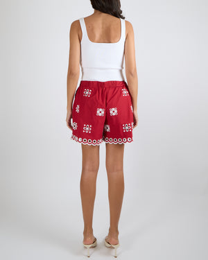 Red Valentino Red Shorts with White Flower Embroideries and Scalloped Hem Detail Size IT 40 (UK 8)