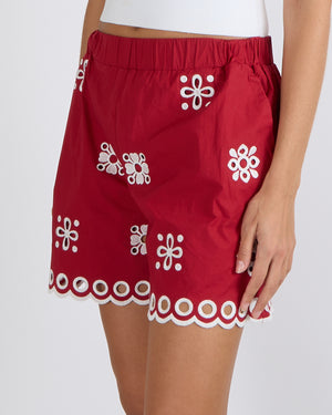 Red Valentino Red Shorts with White Flower Embroideries and Scalloped Hem Detail Size IT 40 (UK 8)