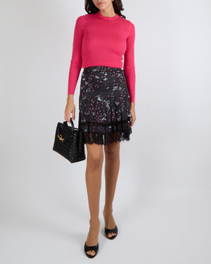 Ermanno Scervino Black Pleated Mini Skirt with White and Pink Graffiti Prints and Lace Trim Detail Size IT 38 (UK 6)