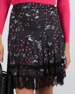 Ermanno Scervino Black Pleated Mini Skirt with White and Pink Graffiti Prints and Lace Trim Detail Size IT 38 (UK 6)