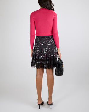 Ermanno Scervino Black Pleated Mini Skirt with White and Pink Graffiti Prints and Lace Trim Detail Size IT 38 (UK 6)
