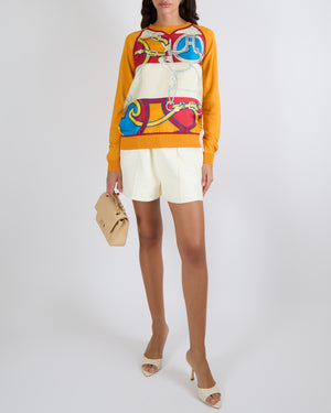 Hermès Orange Knit Jumper with Multi-Colour Silk Printed Panel Size FR 38 (UK 10)