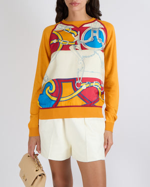 Hermès Orange Knit Jumper with Multi-Colour Silk Printed Panel Size FR 38 (UK 10)