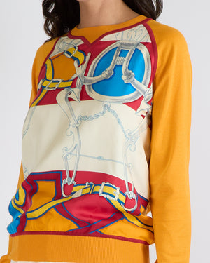 Hermès Orange Knit Jumper with Multi-Colour Silk Printed Panel Size FR 38 (UK 10)