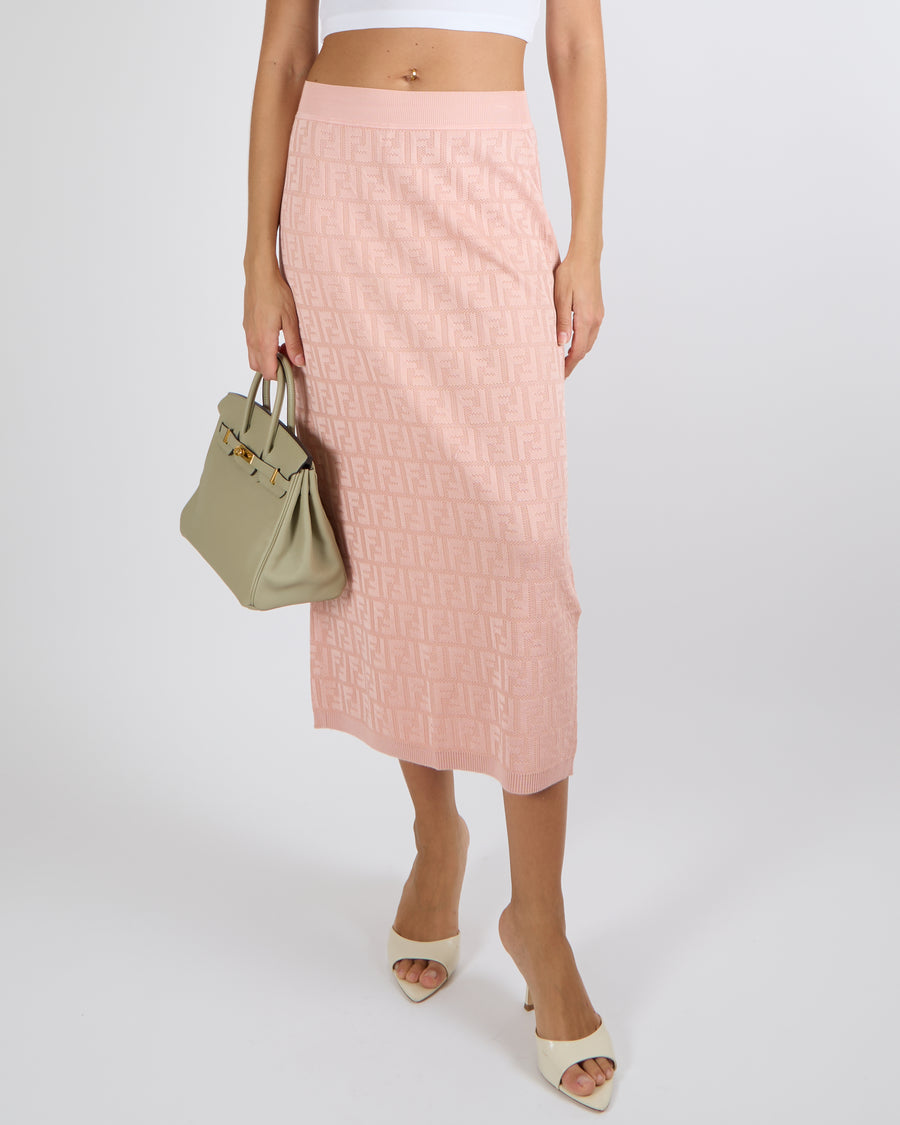 Fendi Pink Knitted FF Logo Midi Skirt Size IT 44 (UK 12)
