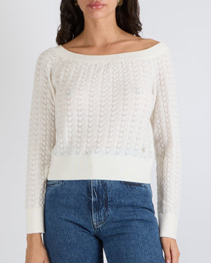 Chanel Cream Knitted Jumper with Champagne Gold and White Camellia CC Logo Detail Size FR 36 (UK 8)