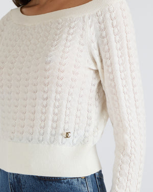 Chanel Cream Knitted Jumper with Champagne Gold and White Camellia CC Logo Detail Size FR 36 (UK 8)