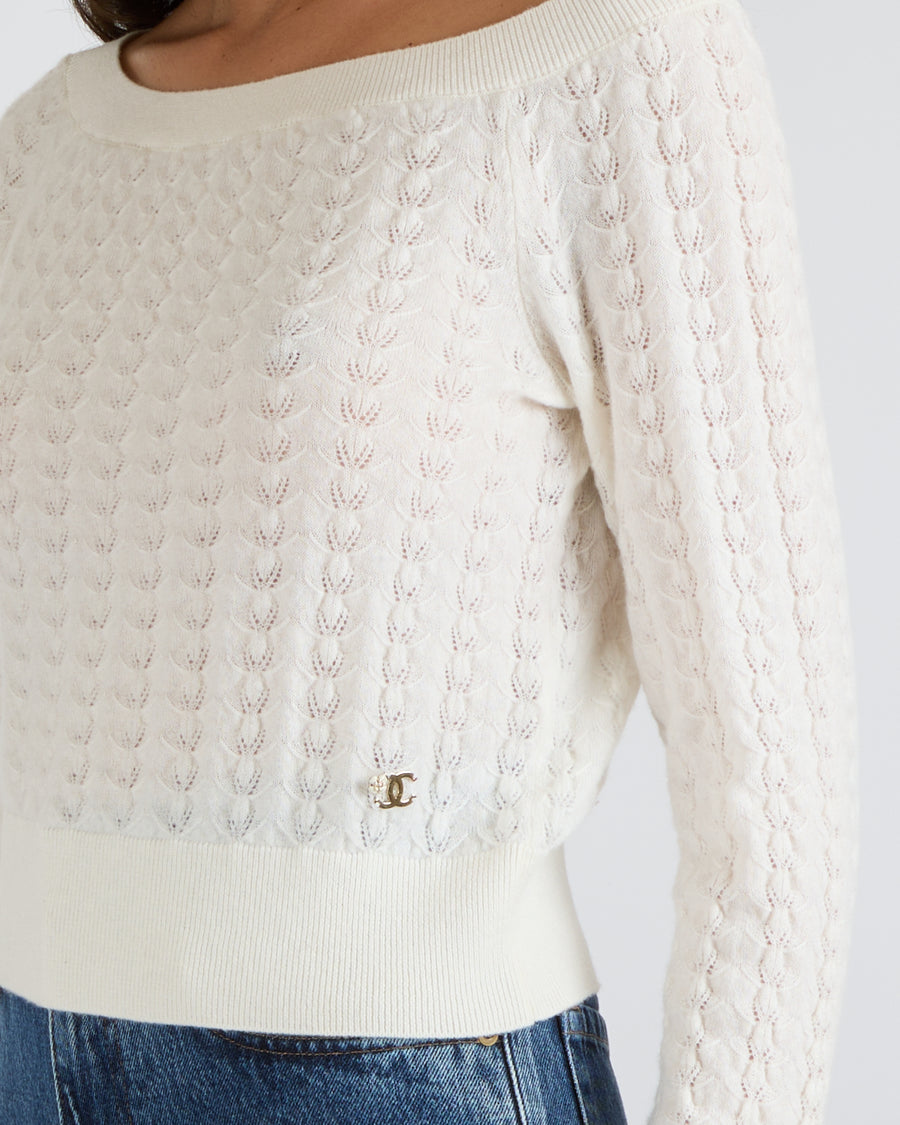 Chanel Cream Knitted Jumper with Champagne Gold and White Camellia CC Logo Detail Size FR 36 (UK 8)